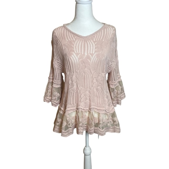 Women’s Pink Crochet Open Knit Sweater Embroidered Trim Bell Sleeves Coquette SM - Picture 1 of 12